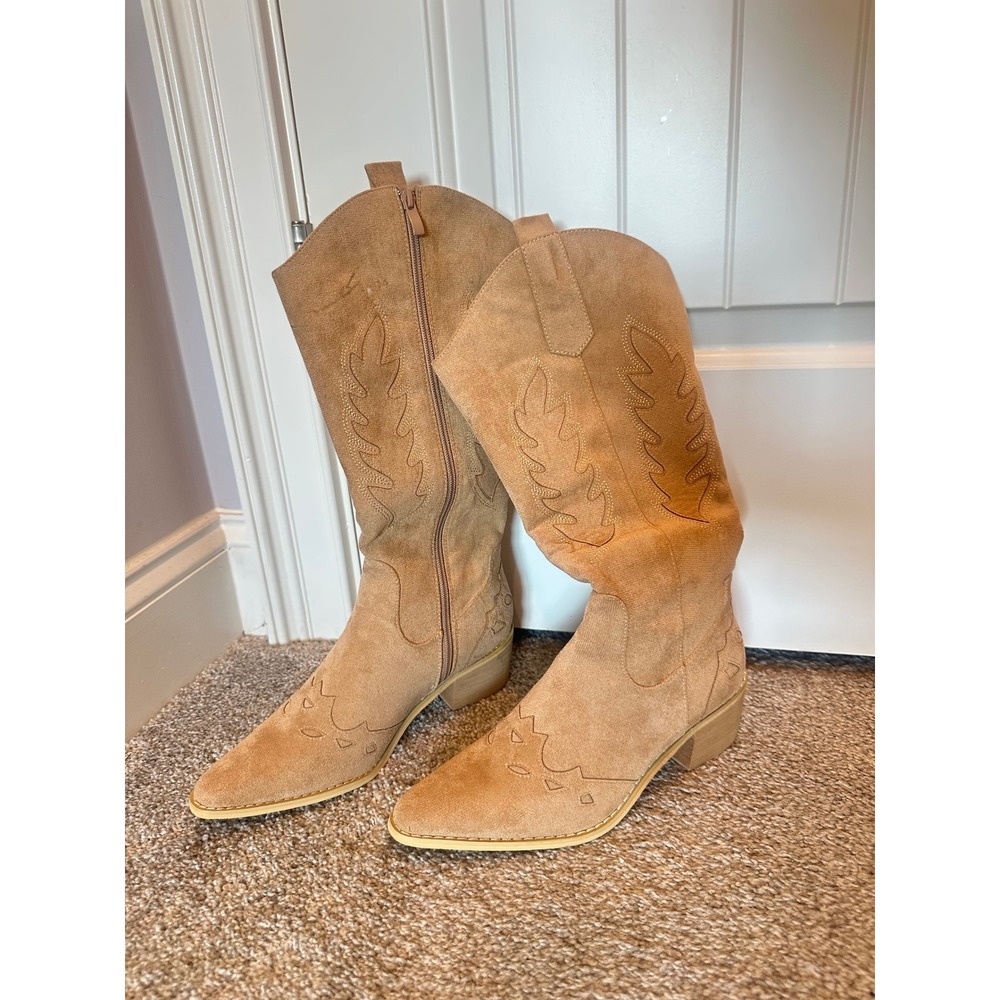 SHIBEVER Tan Faux Suede Western Cowboy Tall Boots Pointed Toe‎ DT2679 Size 39